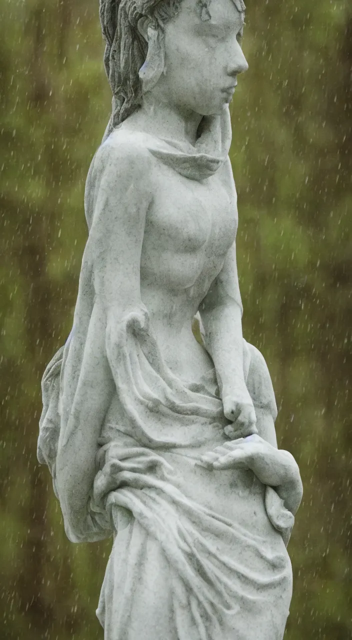 Prompt: marble statue of anya taylor joy, moss, portrait, landscape, forest, foggy, raindrops