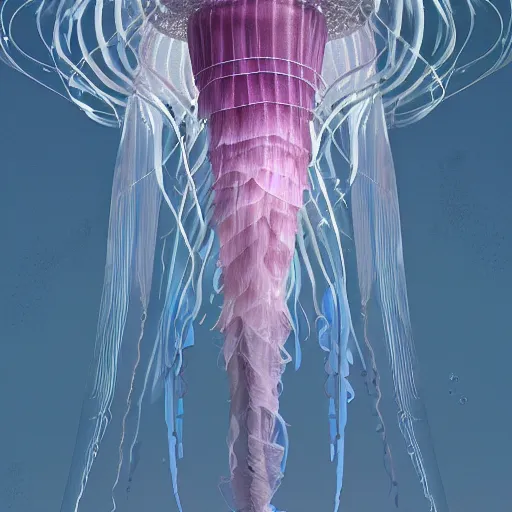 Image similar to a beautiful dress, jellyfish theme, transparent, blue gradient, complex details, exquisite structure by tooth wu and wlop and beeple and greg rutkowski