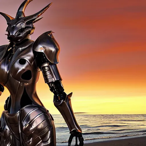 Image similar to chest up shot, realistic detailed stunning beautiful armored anthropomorphic humanoid robot female dragon, looking to the side with an elegant pose of hand on hip, smooth and streamlined armor and design made of steel, sharp claws and sharp teeth, high quality head, Slick LEDs, standing on two legs, on the beach during sunset, high quality, cinematic art, sci fi, sunset lighting, 3D render, 8k, artstation, deviantart, furaffinity