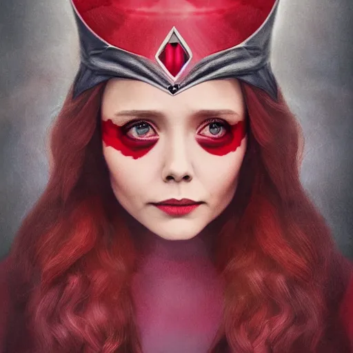 Image similar to A portrait of elizabeth Olsen as scarlet witch with the scarlet witch crown, cinematic, digital art, amazing detail