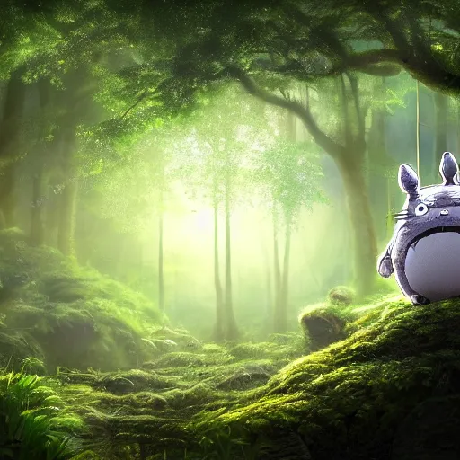 Image similar to A forest with a ray of light shining down onto the forest floor, soot sprouts floating, totoro hiding behind tree, magical, enchanting, beautiful, fantasy, digital art, high detail, excellent quality, 4K, OLED