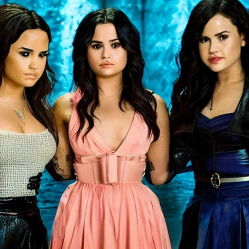 Image similar to Demi Lovato and Selena Gomez and Ariana Grande in a Charmed movie directed by Christopher Nolan, movie still frame, promotional image, imax 35 mm footage