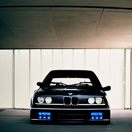 Image similar to a modified bmw e 3 0 with lights on in a futuristic neon parking garage, 3 5 mm photography, car photography, clean lines, realistic