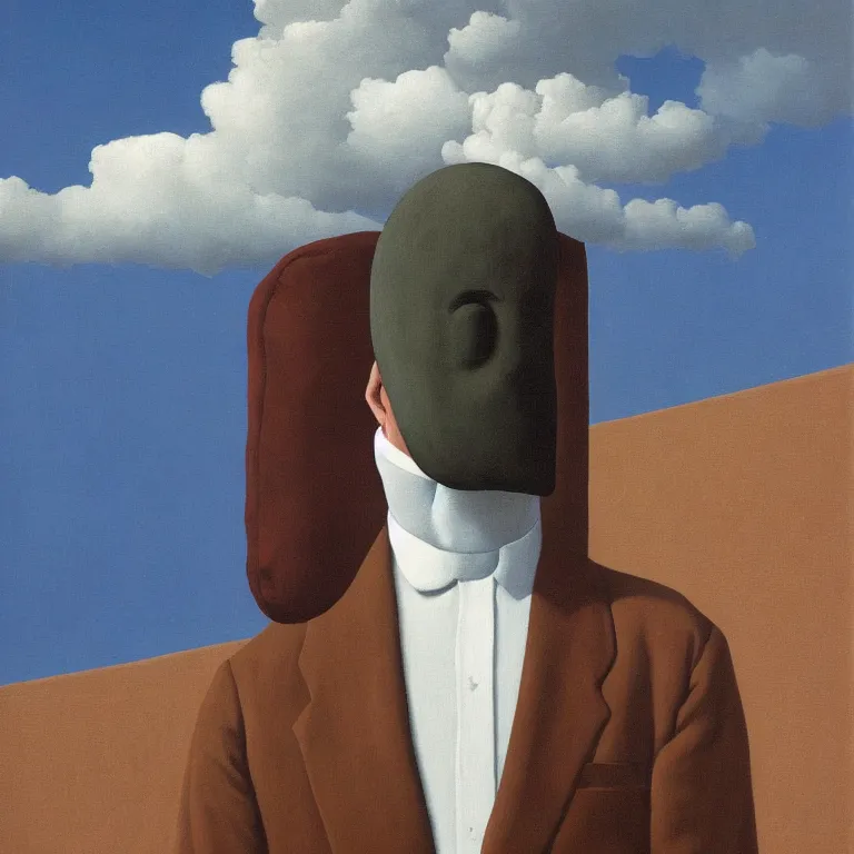 Image similar to portrait of a faceless sack - head man in a suit, clouds in the background, by rene magritte, detailed painting, distance, centered, hd, hq, high resolution, high detail, 4 k, 8 k