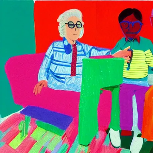 Prompt: having a cool party birthday party, painting by david hockney