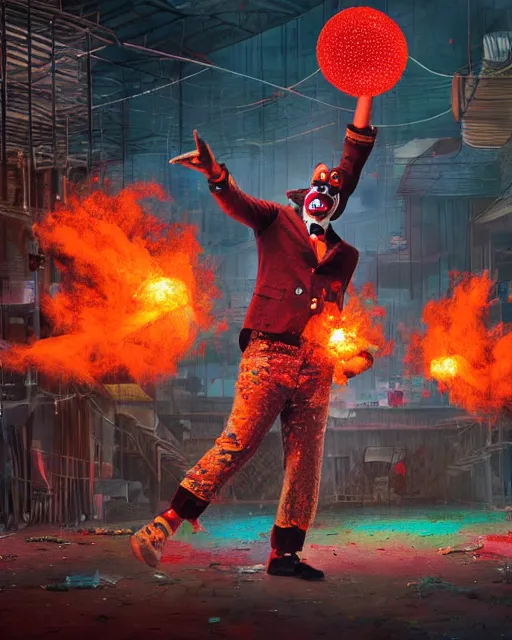 Prompt: a clown juggles fireballs infront of a crowd of baboons, in a cyberpunk interior. there are wires and glitched screens everywhere. piles of food trash. painted by hr geiger