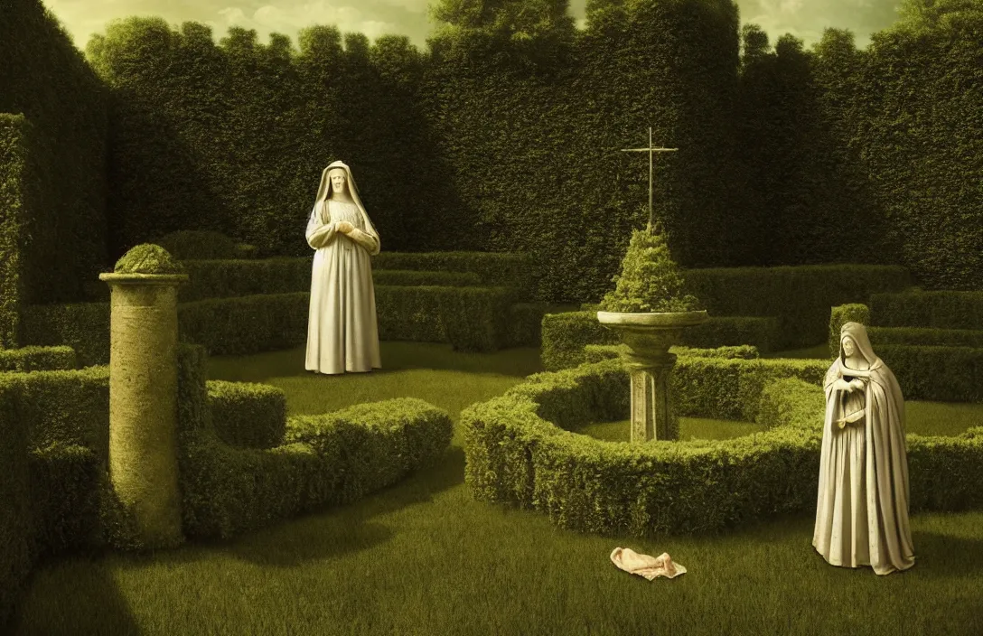 Image similar to queen of heaven sequestered corner of a garden within a castle walls the rules of proportion, scale, and perspective are disregarded render by gregory crewdson