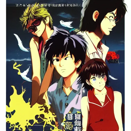 Prompt: film still Poster of Banana Fish Gang by Dice Tsutsumi, Makoto Shinkai, Studio Ghibli, playstation 2 printed game poster cover, cover art, poster, poster!!!