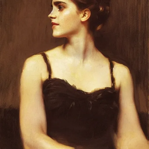 Image similar to portrait painting of emma watson, by john singer sargent, ilya repin, bouguereau, carolus - duran, elegant, 1 9 th - century, old masters, award winning, louvre collection, museum collection, realistic face, detailed