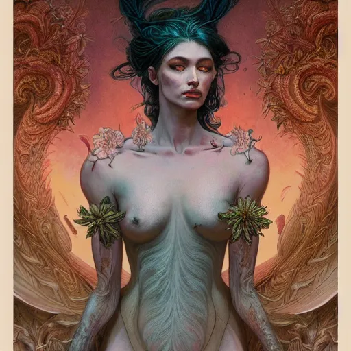 Image similar to a beautiful detailed front view portrait of a woman with ornate growing around morphing, ornamentation, flowers, elegant, beautifully lit, by wayne barlowe, peter mohrbacher, kelly mckernan,