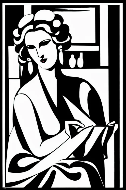 Image similar to woman reading a love note art by james o barr and tamara lempicka, woodblock print, black and white, vector, vector art
