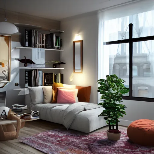 Prompt: insanley detailed 3d render, fog, wide angle, athmosperic, large award winning interior design apartment, dusk, cozy and calm, fabrics and textiles, colorful accents, secluded, many light sources, lamps, hardwood floors, book shelf, couch, desk, balcony door, plants