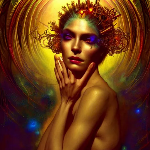 Image similar to extremely psychedelic beautiful cyborg queen of lsd infected by night. intricate, elegant, highly detailed, extremely lifelike photorealistic digital painting, artstation. steichen, gaston bussiere, tom bagshaw, cyberpunk alphonse mucha. elegant minimalism. anatomically correct. sultry. sharp focus. gold. surreal lush hallucination