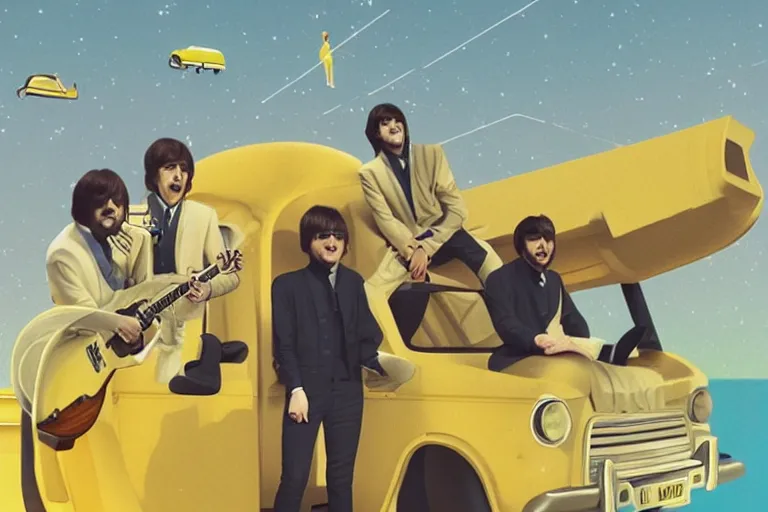 Prompt: the beatles performs with guitar on a yellow flying minivan, sci fi, art by mike winkelmann, trending on cgsociety, retrofuturism, darksynth, sci - fi