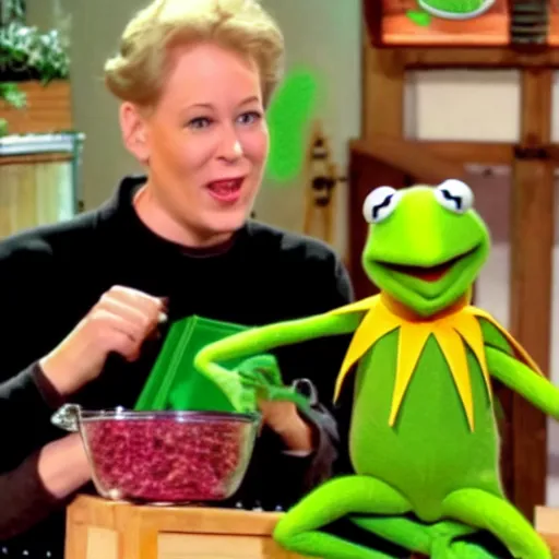 Prompt: kermit the frog selling. Still from late night infomercial