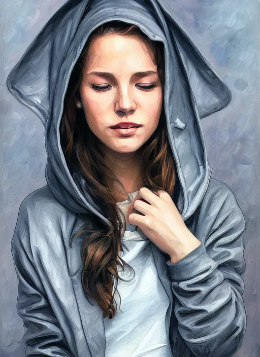 Image similar to jennifer anistan, gray hoodie, jeans, half body shot, path traced, highly detailed, high quality, digital painting, alena aenami, leonid afremov, lilia alvarado, shinji aramaki, karol bak, alphonse mucha, tom bagshaw