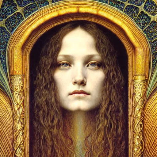 Image similar to detailed realistic beautiful young medieval queen face portrait by jean delville, gustave dore and marco mazzoni, art nouveau, symbolist, visionary, gothic, pre - raphaelite. horizontal symmetry