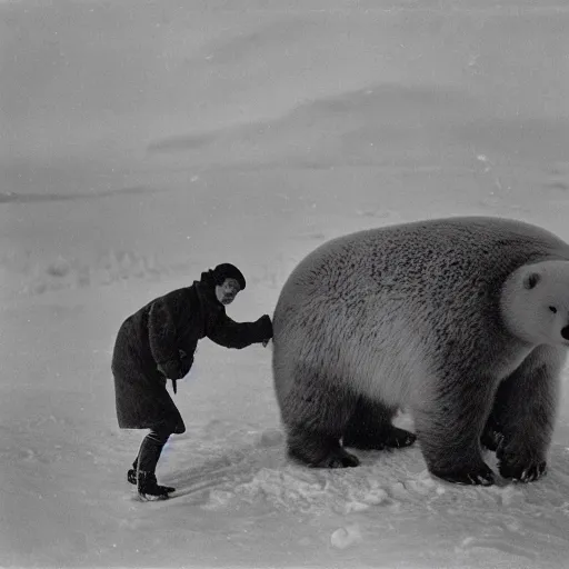 Image similar to portrait of an inuit observing an ice bear in the arctic tundra, 1 9 0 0 s photography