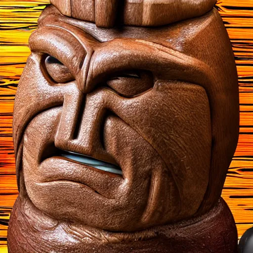 Image similar to a closeup photorealistic photograph of ben grimm's face on a tiki mug at a trader vic's beach bar. fantastic four. tiki culture. bright scene. fine detail. this 4 k hd image is trending on artstation, featured on behance, well - rendered, extra crisp, features intricate detail, epic composition and the style of unreal engine.