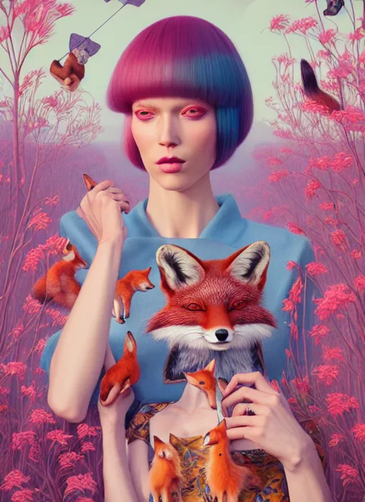 Image similar to pretty model with foxes : : by martine johanna and simon stalenhag and chie yoshii and casey weldon and wlop : : ornate, dynamic, particulate, rich colors, intricate, elegant, highly detailed, vogue, harper's bazaar art, fashion magazine, smooth, sharp focus, 8 k, octane render,