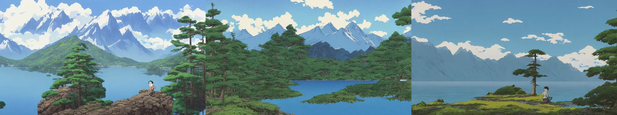 Prompt: mountains, trees, and lake, by hayao miyazaki