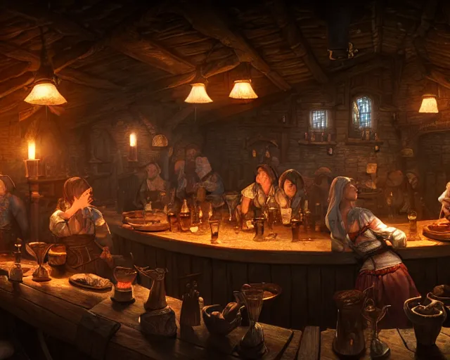 Image similar to a medieval tavern, beautiful, detailed, realistic detailed patrons, dark, concept art illustration, color page, tone mapping, akihiko yoshida, james jean, andrei riabovitchev, marc simonetti, digital illustration, greg rutowski, volumetric lighting, sunbeams, particles