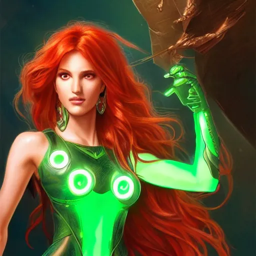 Image similar to ultra realistic illustration, bella thorne as jainway as starfire anime with glowing green eyes, intricate, elegant, highly detailed, digital painting, artstation, concept art, smooth, sharp focus, illustration, art by artgerm and greg rutkowski and alphonse mucha