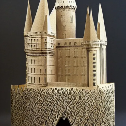 Image similar to intricate cut paper sculpture of hogwarts castle in a book