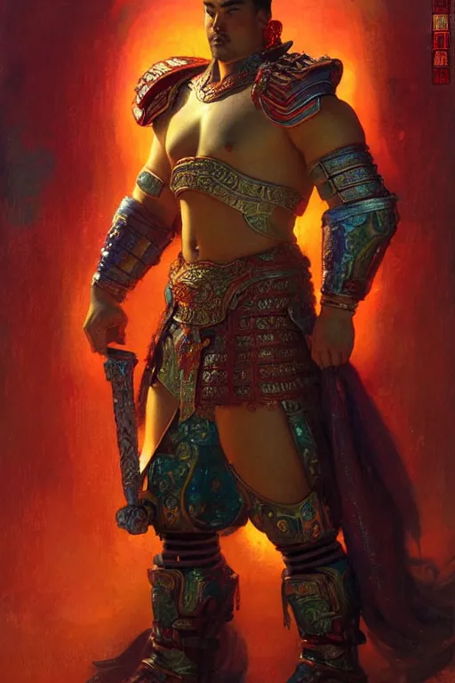 Image similar to attractive beefy male with armor, ming dynasty, character design, colorful, neon lights, painting by gaston bussiere, craig mullins, j. c. leyendecker, tom of finland