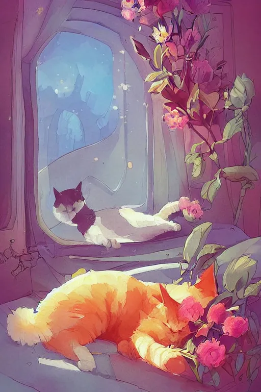 Image similar to a digital art of a cat sleeping in the room with flowers around in the afternoon, the sun shines in, storybook art, watercolor, detailed, cute, by anton fadeev, featured on artstation