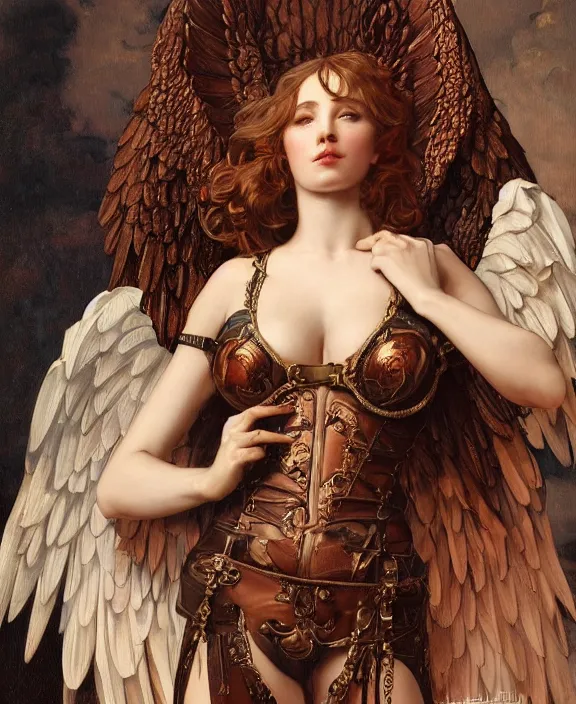 Image similar to a detailed hyperrealistic renaissance angel wearing an intricate leather garters set, honey birdette, realistic renaissance portrait, highly detailed, digital painting, artstation, concept art, smooth, sharp focus, illustration, cinematic lighting, art by artgerm and wlop and alphonse mucha and jacques louis david and john william godward