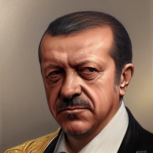 Prompt: portrait of Recep Tayyip Erdogan, elegant, intricate, headshot, highly detailed, digital painting, artstation, concept art, sharp focus, illustration, art by artgerm and greg rutkowski and alphonse mucha