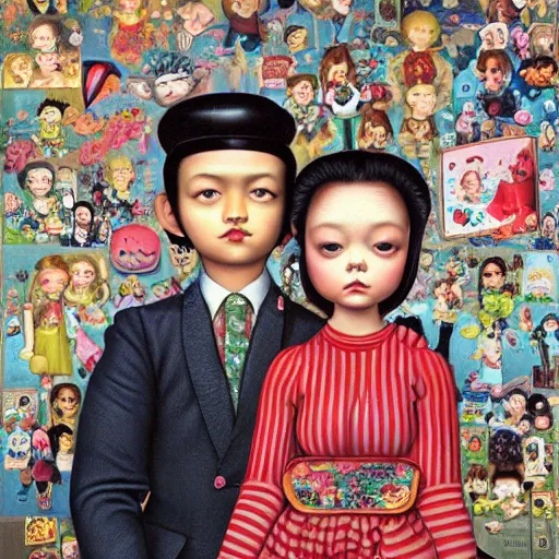 Image similar to a couple and their child portrait, living room wall background, lowbrow art pop surrealism 70's art style, by Mark Ryden and Hikari Shimoda