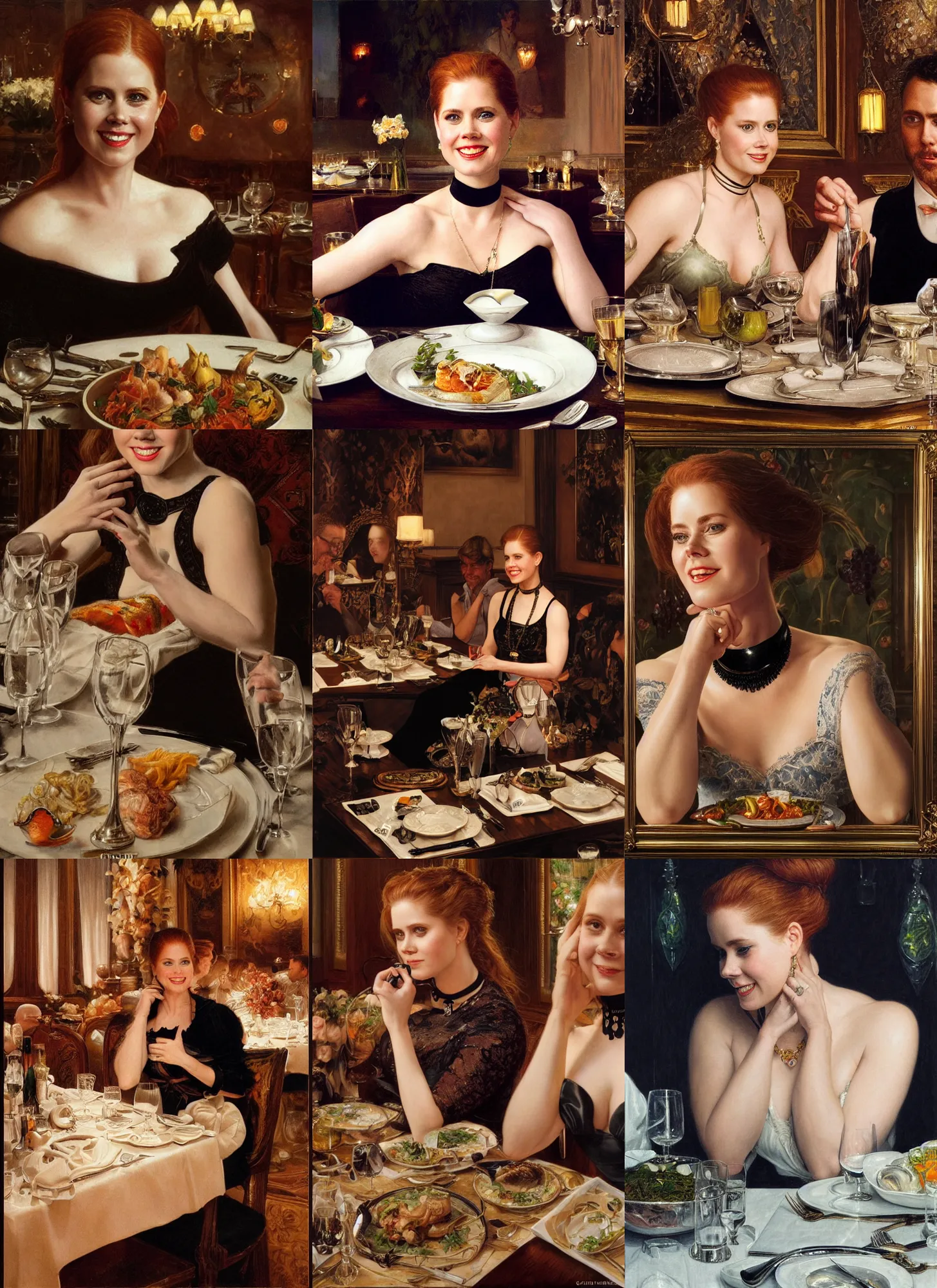 Prompt: dinner with amy adams smiling sitting across the camera wearing a black choker staring into the camera in an expensive private restaurant, 1 9 9 0, intricate, elegant, tasteful, highly detailed, shallow depth of field, artgerm, donato giancola, joseph christian leyendecker