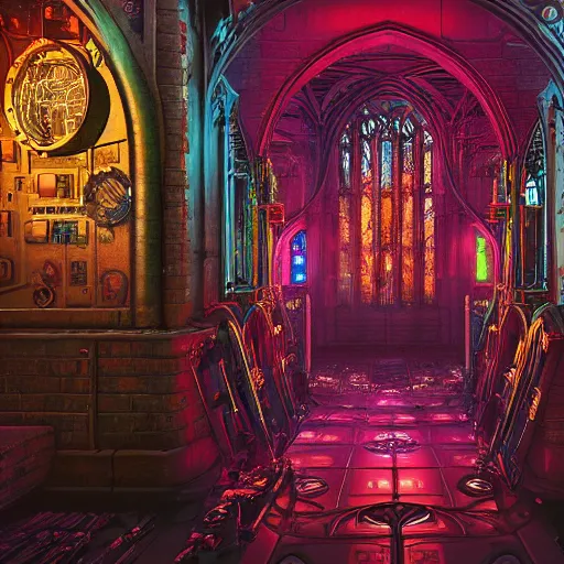 Prompt: a ultra detailed radiant gothic machine cathedral, that looks like cyberpunk 2077 and fallout 4, by Dan Mumford and Sam Yang and beeple and Seb McKinnon:3, gothic architecture, arches, vaults, vivid colors, panorama, blue and gold color scheme:2, runic symbols, arcane drawings, gears and industrial parts, mainboard and circuits:3, dramatic light, golden ratio composition, trending on artstation, trending on behance, f16, blur:-2