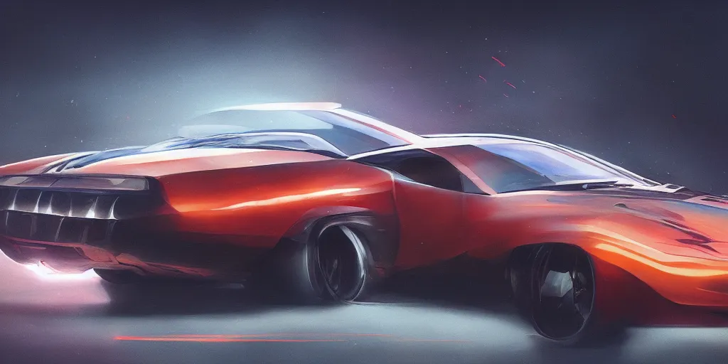 Image similar to full view of a car, painted in orange holographic pearlescent, elegant, digital painting, concept art, smooth, sharp focus, art style from Wang Ke and Greg Rutkowski and Bruce Kaiser and Scott Robertson and Dmitry Mazurkevich and Doruk Erdem and Jon Sibal, small style cue from Blade Runner