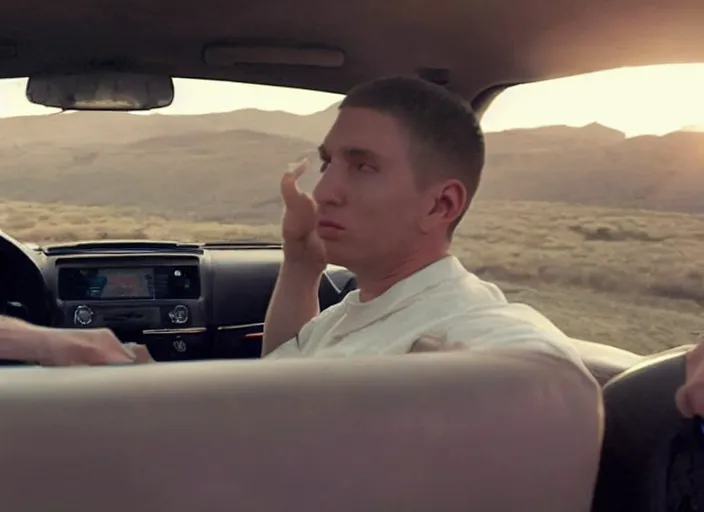 Image similar to a very high resolution image from a new movie, eminem driving a car. inside of a car. alone. mountains, directed by wes anderson