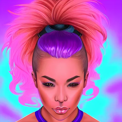 Image similar to a award winning action upper body portrait of a beautiful woman with a ombre purple pink hairstyle with head in motion and hair flying, choker, outrun, vaporware, vivid colors, highly detailed, fine detail, intricate