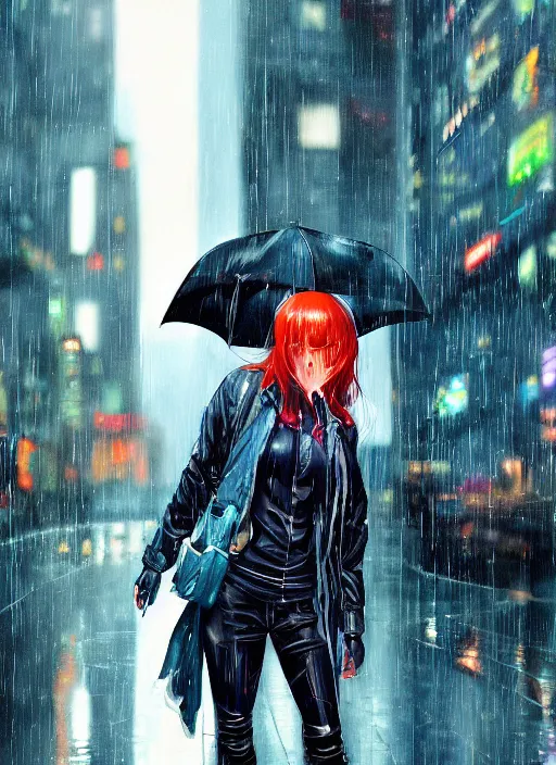 Prompt: girl, cyberpunk, goggles, pilot, standing in the rain with an umbrella, wet, raindrops, reflections, detailed city background, portait, made by stanley artgerm lau, wlop, rossdraws, james jean, andrei riabovitchev, marc simonetti, yoshitaka amano, artstation