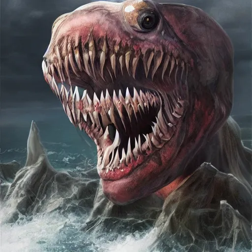 Image similar to terrifying sea creature, big teeth, ominous, scary, horror, realistic, digital art, photorealism, trending on artstation