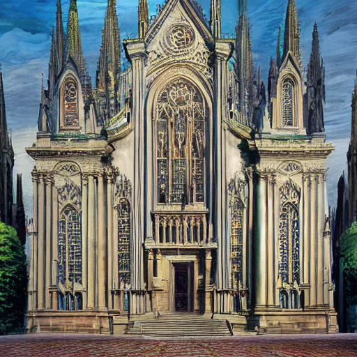 Prompt: highly detailed painting of a statue of bach infront of a cathedral, people are walking past the statue and cathedral, 4 k resolution, by jaquis luis david, visible paint layers, renaissance.