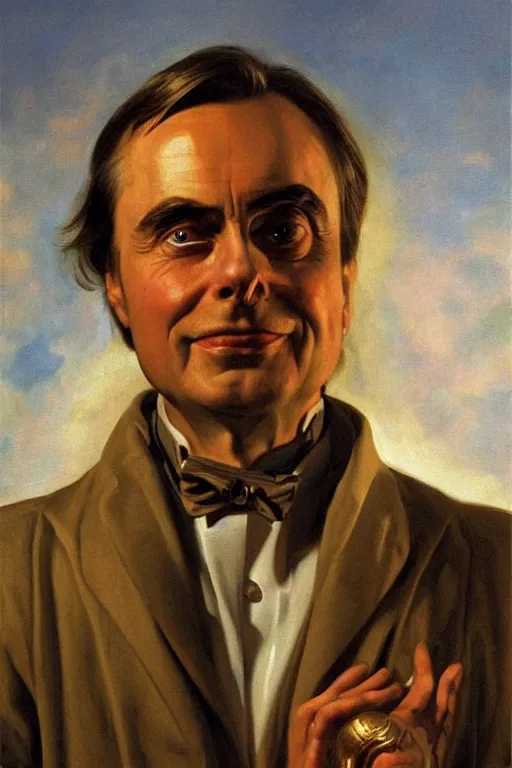 Image similar to Carl Sagan expressive oil on canvas, golden hour, artstation, by J. C. Leyendecker and Peter Paul Rubens,