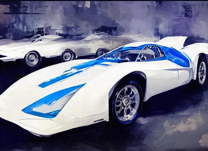 Image similar to luxurious white and royal blue sportscar by John Berkey and Vincent Di Fate, rule of thirds, concept car, beautiful, in intergalactic hq, ethereal lighting, smooth,