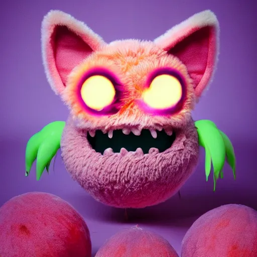 Image similar to an alien with a face that looks like a fuzzy peach the peach is fuzzy pink warm and ripe the alien has horns and a mean smile, 4k, highly detailed, high quality, amazing, high particle effects, glowing, majestic, soft lighting