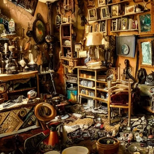 Prompt: weird interior full of stuff, chaotic ambiance, living room of a mad alchemist