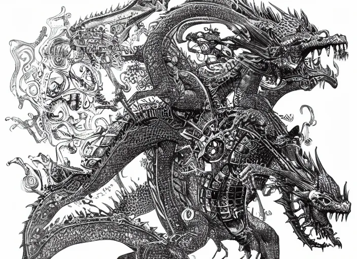 Prompt: black micron pen illustration, dragon with steam punk apparatus on its side, very fine detail, concept art, high detail, fine pen, white background, artstation