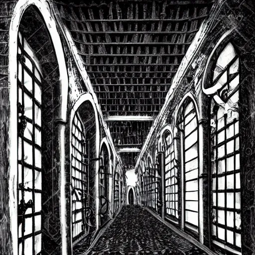 Image similar to a terrifying dark hallway with many doors and many stairs, impending doom, horror, Mc Escher architecture, epic composition, anime key visual