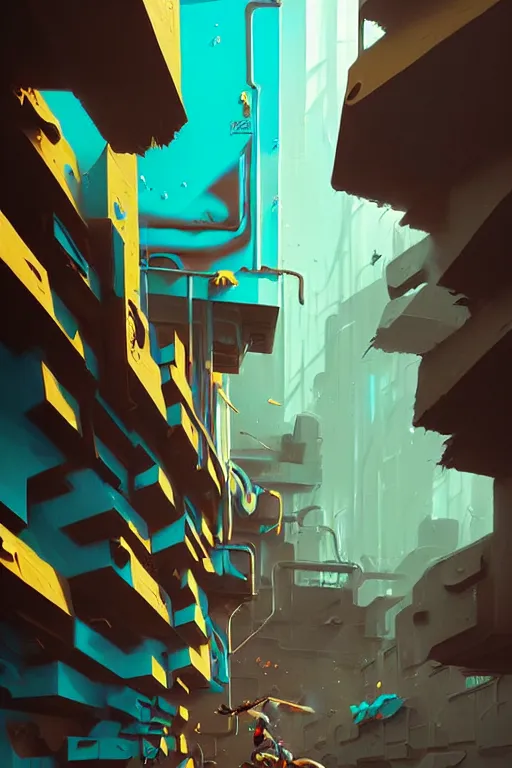 Image similar to matte painting extreme offset 3 d calligraphy graffiti mural wall extreme maximalism by atey ghailan, by greg rutkowski, by greg tocchini, by james gilliard, by joe fenton, yellow, brown, black and cyan color scheme, octane render