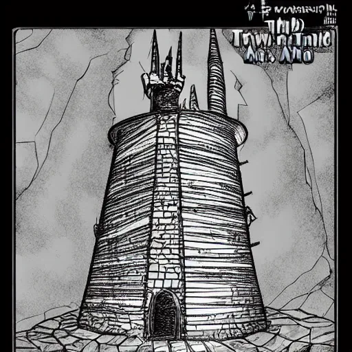 Prompt: A wizard tower next to a few mines and a few caves, lineart, colored