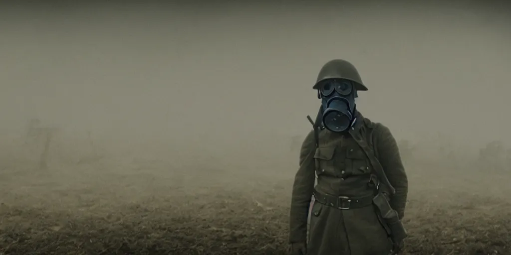 Prompt: wwi soldier wearing a gas mask, no man's land, yellow gas, cinematic, blue and yellow tones, atmospheric, anamorphic lens, shot on arri alexa
